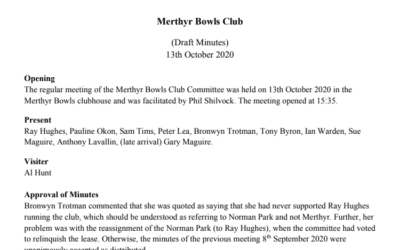 Merthyr Bowls Club – Minutes 13/10/20